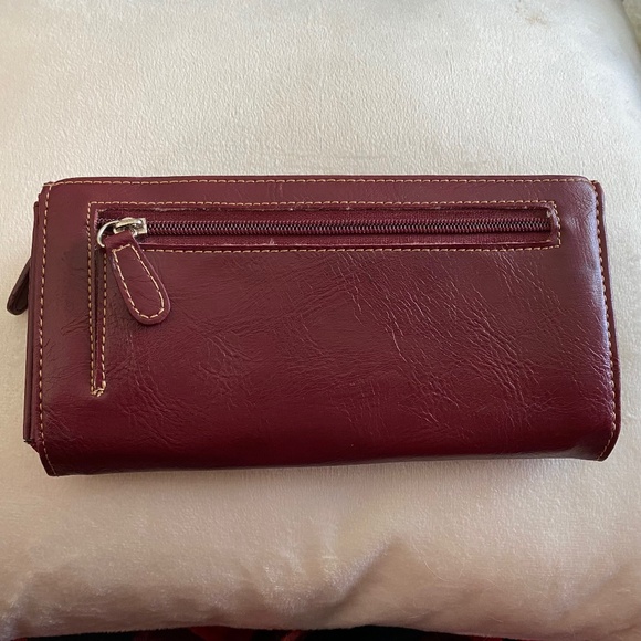 Via Roma Vintage Wallet Zippered Clutch Burgundy Snap Pockets Compartments - Picture 5 of 15